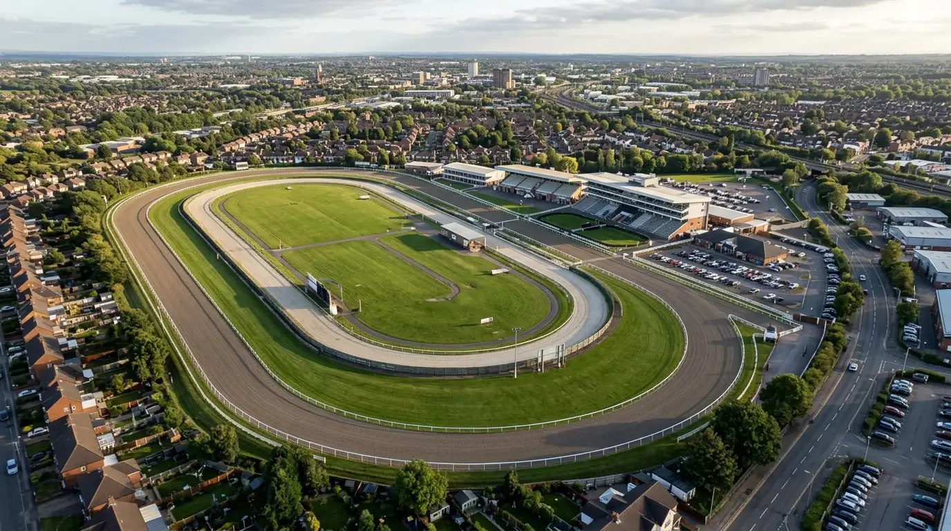 Aerial view of Dunstall Park left-handed oval track with Tapeta surface