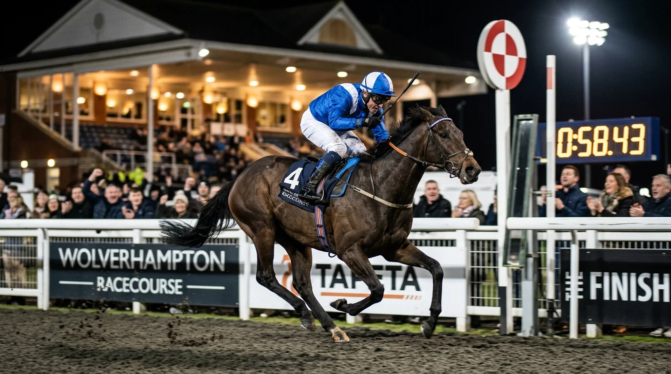 Jockey riding a finish under floodlights at Wolverhampton Racecourse