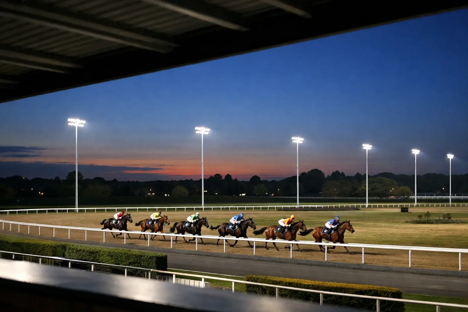 Wolverhampton Racecourse at Dunstall Park illuminated under floodlights during evening racing