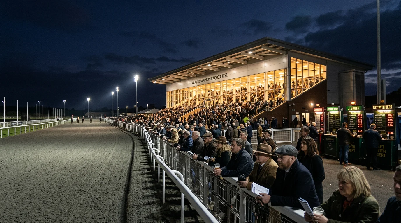 Wolverhampton Racecourse grandstand with racegoers during an evening meeting
