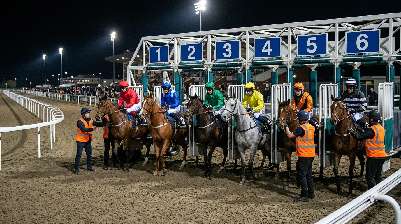Horses loading into starting stalls at Wolverhampton for a sprint race
