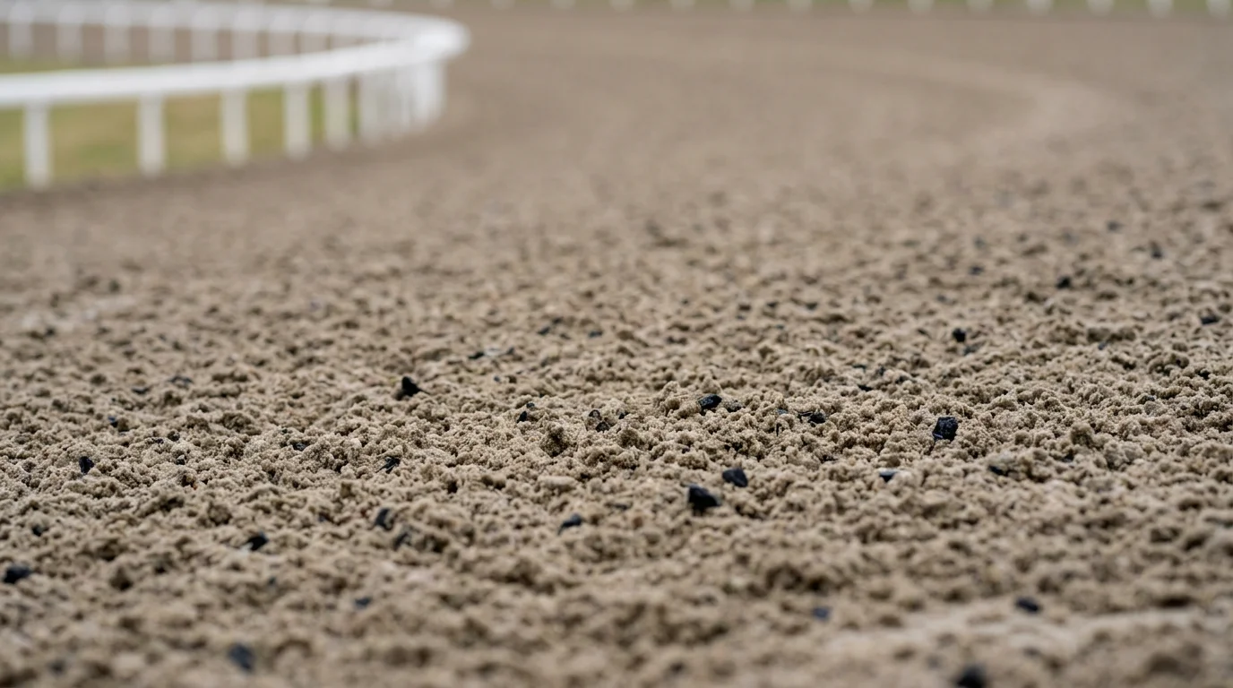 Close-up of Tapeta synthetic racing surface showing wax-coated silica sand and fibres