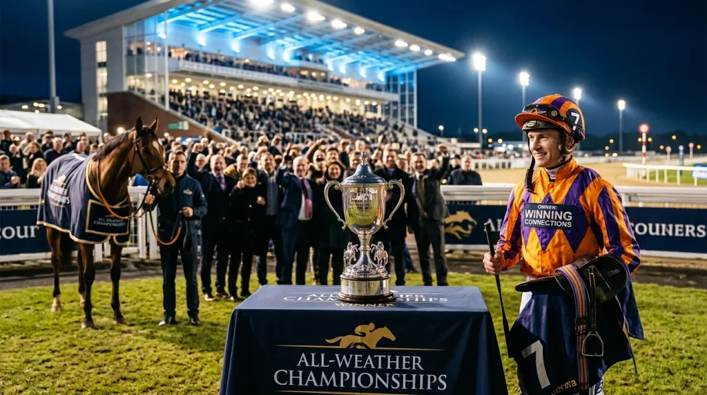 All-Weather Championships at Wolverhampton — a trophy presentation after a qualifying race at Dunstall Park