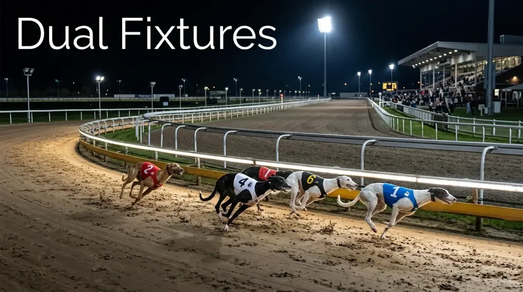 Dunstall Park Greyhound Stadium — greyhounds racing on the inner track inside Wolverhampton Racecourse