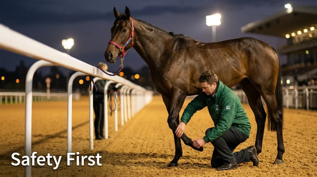 Horse racing safety on synthetic tracks — a veterinarian examining a horse beside a Tapeta all-weather track
