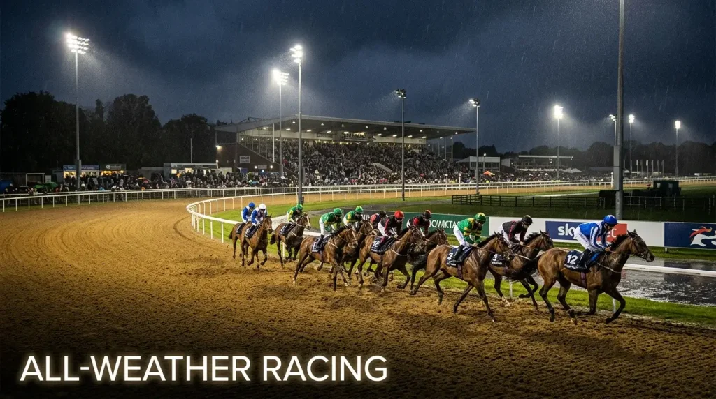 UK all-weather racing explained — horses racing on a synthetic track at a floodlit British racecourse