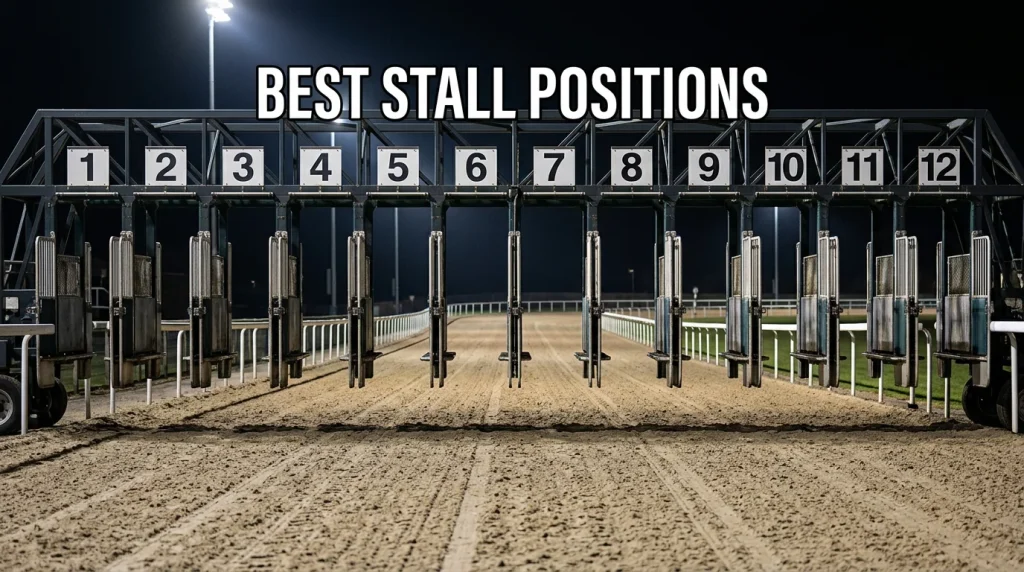 Wolverhampton best stall positions — starting gates numbered and ready on the Tapeta track at Dunstall Park