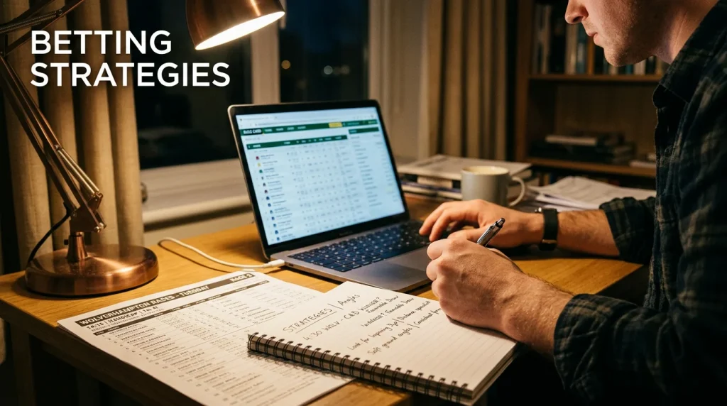 Wolverhampton betting strategies — a punter reviewing form data on a laptop beside a racecard