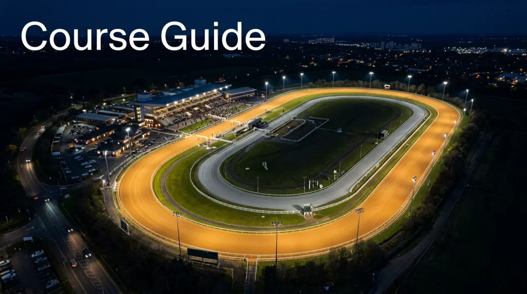 Wolverhampton course guide — aerial view of the left-handed oval Tapeta track at Dunstall Park