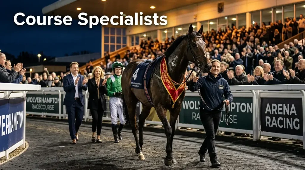 Wolverhampton course specialist — a horse being led into the winner