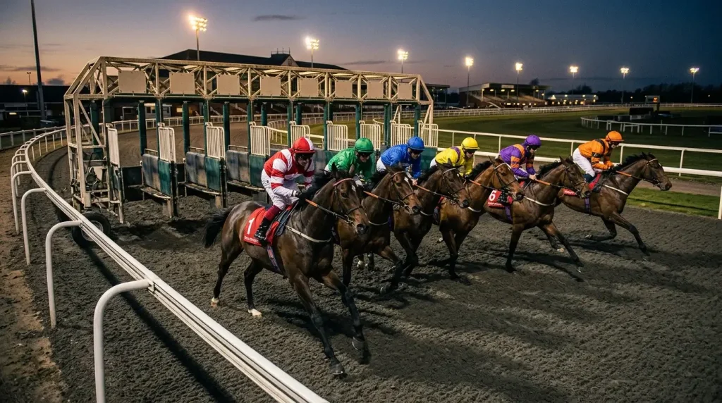 Wolverhampton draw bias — horses breaking from starting stalls on the tight left-handed bend at Dunstall Park