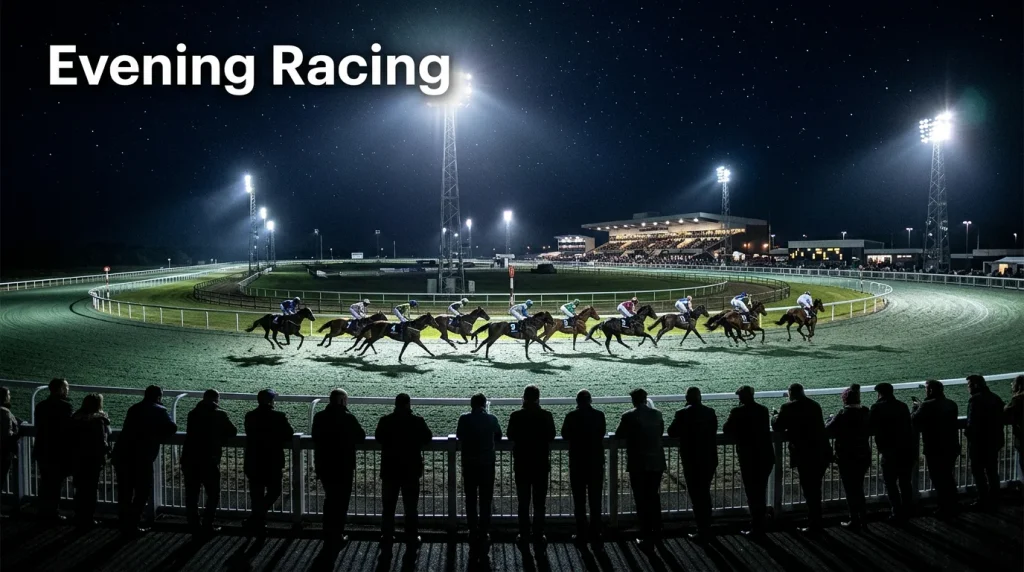 Wolverhampton evening racing — horses galloping under bright floodlights at Dunstall Park at night