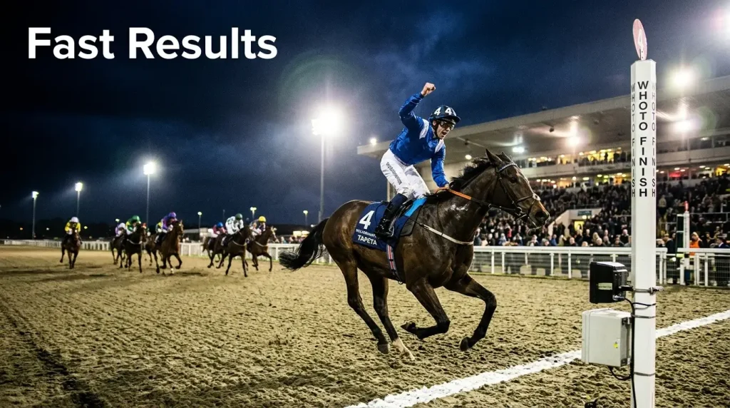 Wolverhampton fast results — a winning horse passing the judge