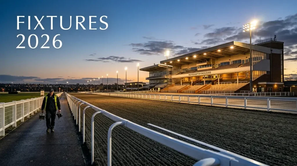 Wolverhampton fixtures 2026 — Dunstall Park grandstand ready for a floodlit race meeting