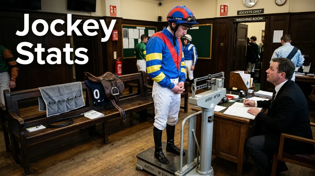 Wolverhampton jockey stats — a jockey in racing silks weighing in before a race at Dunstall Park