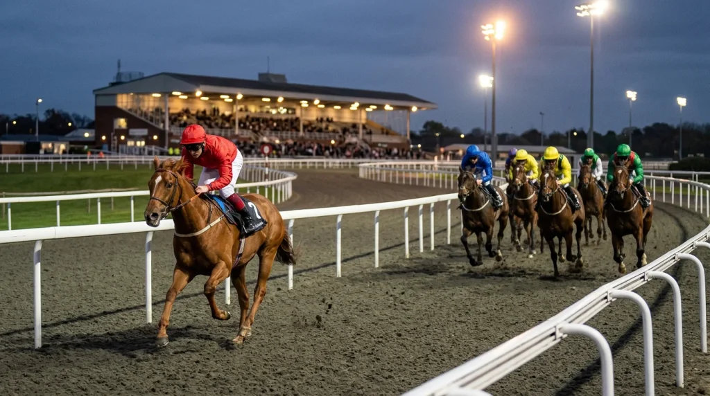 Wolverhampton pace bias — front-running horse leading the field through the bend on Tapeta at Dunstall Park