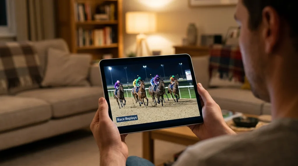 Wolverhampton race replays — a person watching a horse race replay on a tablet screen