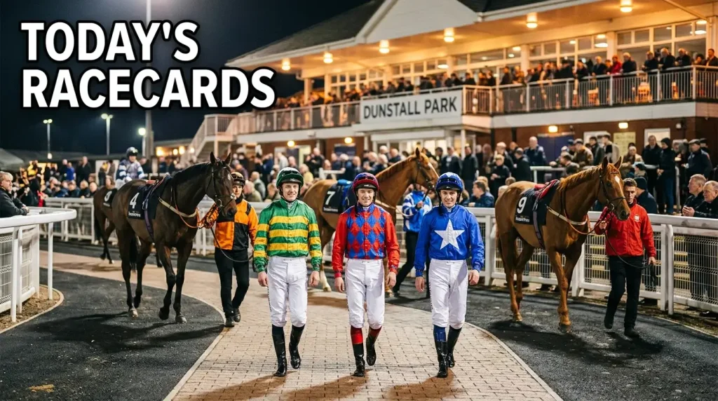Wolverhampton racecards today — jockeys walking to the parade ring at Dunstall Park before racing