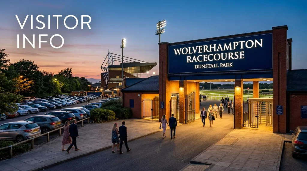 Wolverhampton racecourse entrance — the main gate at Dunstall Park with car park and signage