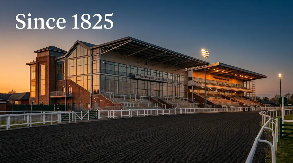 History of Wolverhampton Racecourse — the Dunstall Park grandstand at dusk with floodlight towers