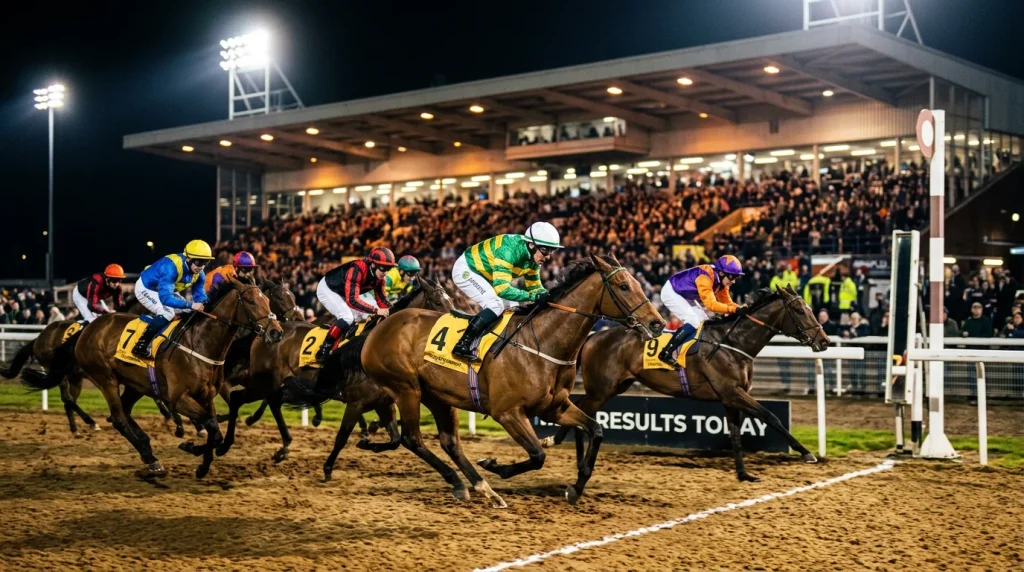 Wolverhampton results today — horses crossing the finish line under Dunstall Park floodlights after evening racing