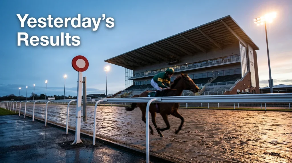 Wolverhampton results yesterday — racehorses finishing under Dunstall Park floodlights during an evening meeting