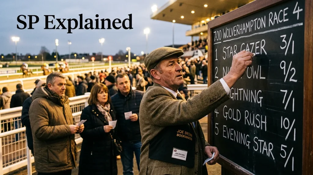 Wolverhampton starting price explained — an on-course bookmaker chalking up odds before a race