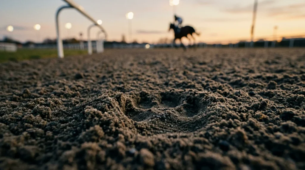 Wolverhampton Tapeta all-weather surface — close-up of the synthetic track at Dunstall Park racecourse