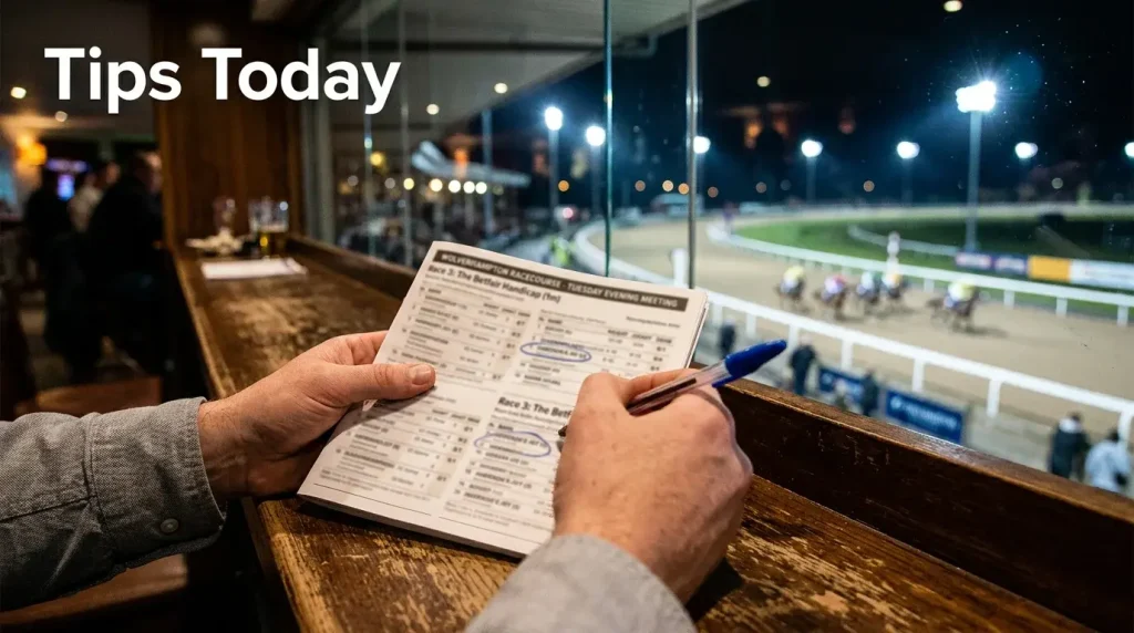 Wolverhampton tips today — a punter studying a racecard with pen in hand before evening racing at Dunstall Park
