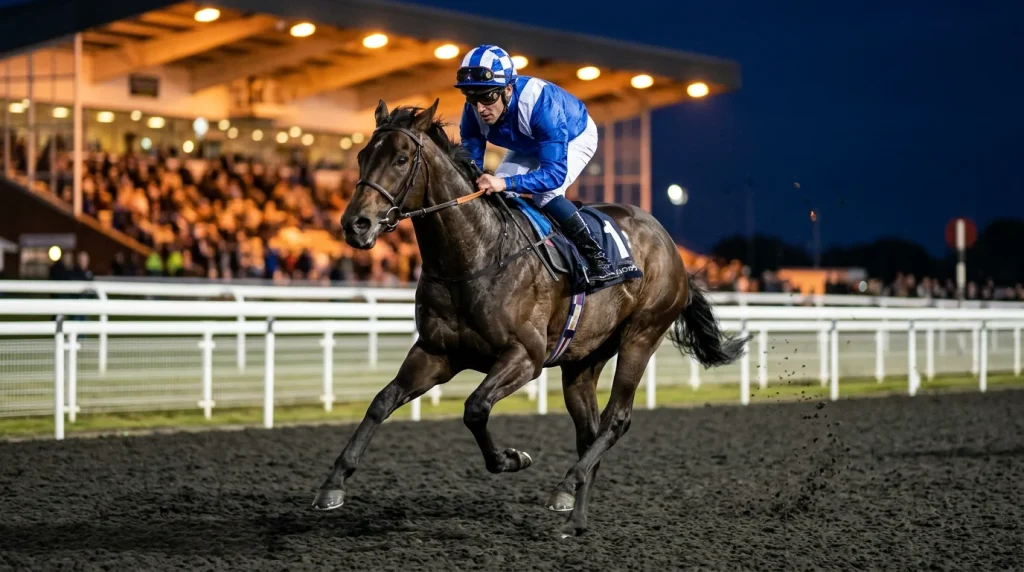 Top trainers and jockeys at Wolverhampton — jockey riding under floodlights at Dunstall Park evening meeting