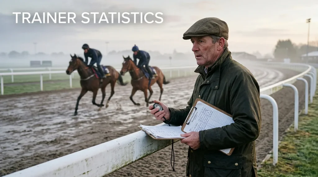 Wolverhampton trainer statistics — a racehorse trainer watching morning exercise on the all-weather track