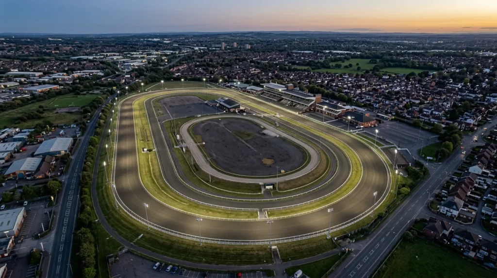 UK all-weather racecourses compared — aerial view of Wolverhampton Dunstall Park left-handed oval track